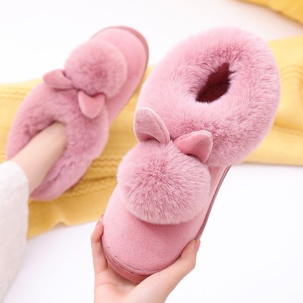 

rabbit ears home cartoon lovely slip on thick soled winter warm house shoes women boys girls indoor slippers y200424, Black