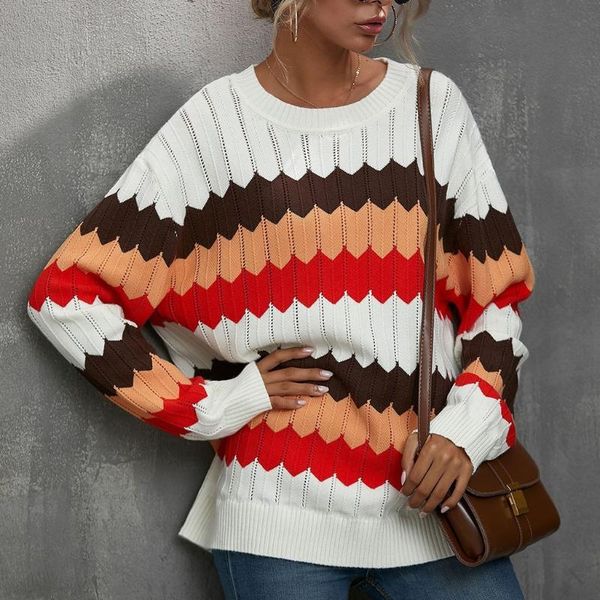 

women long sleeve o-neck sweater rainbow wavy striped loose knitted jumper, White;black
