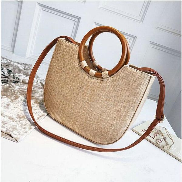 

women tote bag rattan shoulder crossbody bag beach hand bolso summer circle wooden handle knitted handbag straw bags a42-77