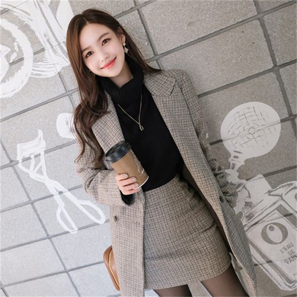 

2021 new plaid woolen coat suit autumn and winter new korean of tooling high waist bag hip skirt 2-piece set for women rwc3, Gray