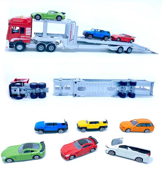 JIB Giocattolo modello di camion da trasporto in lega pressofusa, camion galleggiante pesante 1:50, con 6 piccole auto, ornamento, regalo di compleanno per bambini di Natale, 3-3