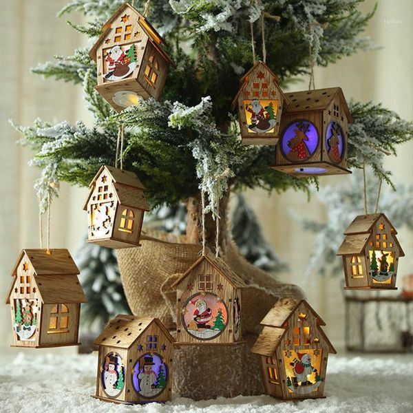 

led light wood house christmas tree decoration elk santa clause snowman hanging ornaments navidad fairy christmas gift #50g1
