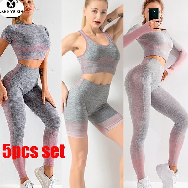 

women's seamless yoga crop leggings+shirts+bra+shorts 5pcs sets gym clothing female sports fitness suits running clothes c0122, Black;white