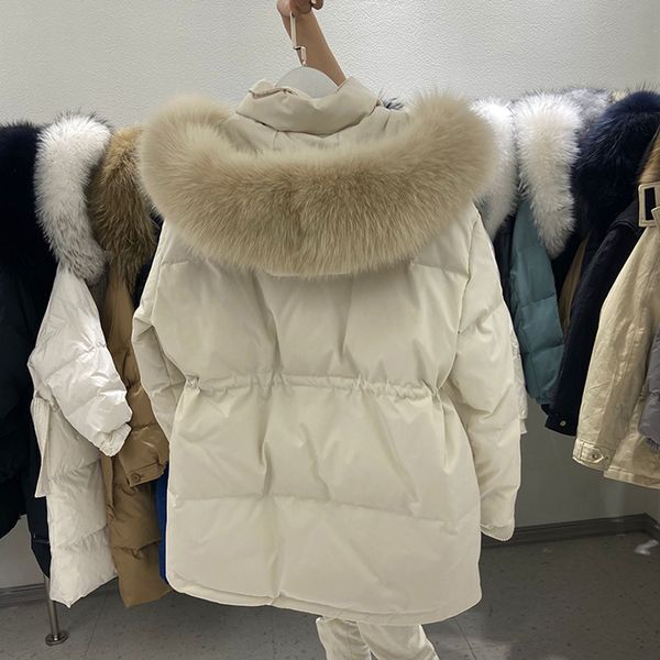 

bottle the same style of south korea fox big hair collar jacket women's short 2020 winter new loose waist white duck down, Black