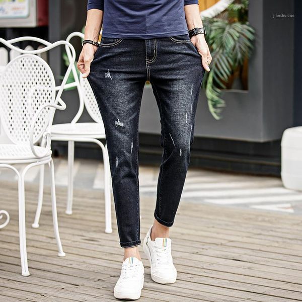 

men's nine-point jeans male korean version of the trend of self-cultivation youth student library nine-point pants 9-point pants1, Blue