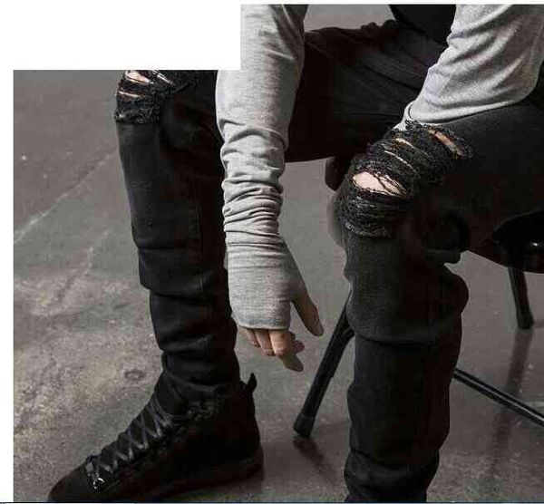

men's jeans mens slim fit ripped skinny fashion designer distressed denim black joggers knee holes washed destroyed stretch biker trous, Blue