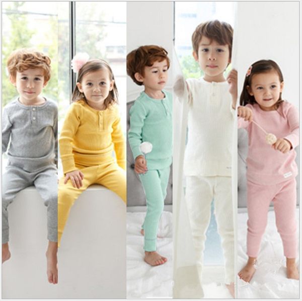 Crianças Pijamas Set 2021 Primavera Outono E Cotton Inverno Crianças Pijamas Belly Set Cuidados cor sólida Início Roupa interior Rapazes Raparigas Homewear