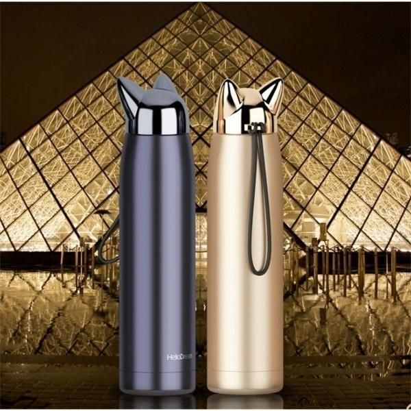 

a-double wall thermos stainless steel vacuum flasks cups cute cat fox ear thermal coffee milk travel water bottle mug cup 320ml