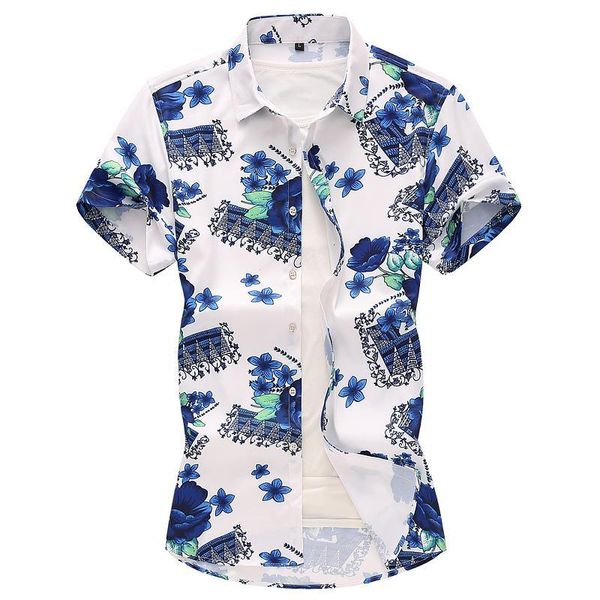 

men's casual shirts hawaiian dress fashion summer plant flowers korean style shirt for men blue floral beach camisa masculina, White;black