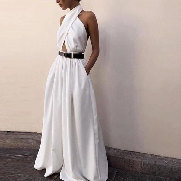 

2020 new women jumpsuits backless hollow out white rompers female solid wide leg loose ruffled jumpsuits, Black;white