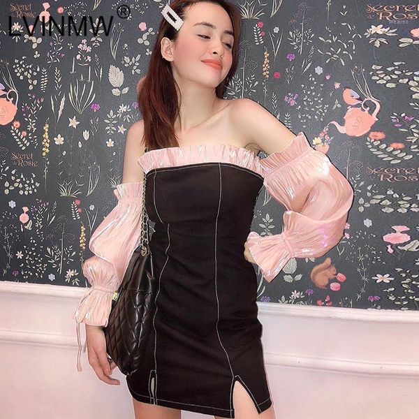 

lvinmw off shoulder ruffles patchwork tube mini dress 2019 autumn winter women puff long sleeve split party club streetwear1, Black;gray