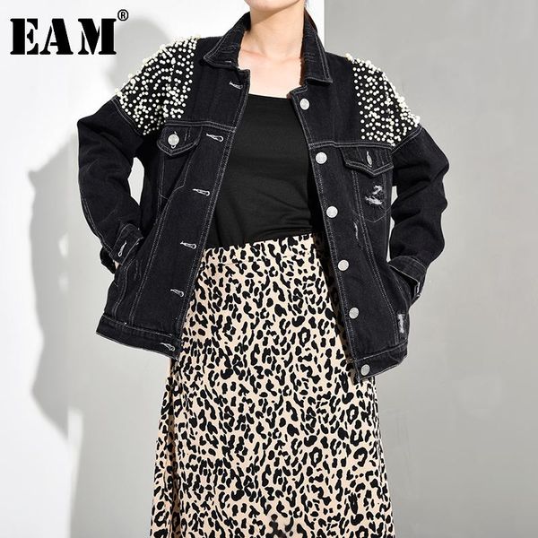 

eam] loose fit black pearl nailed holes denim jacket new lapel long sleeve women coat fashion tide spring autumn 2020 haa801, Black;brown