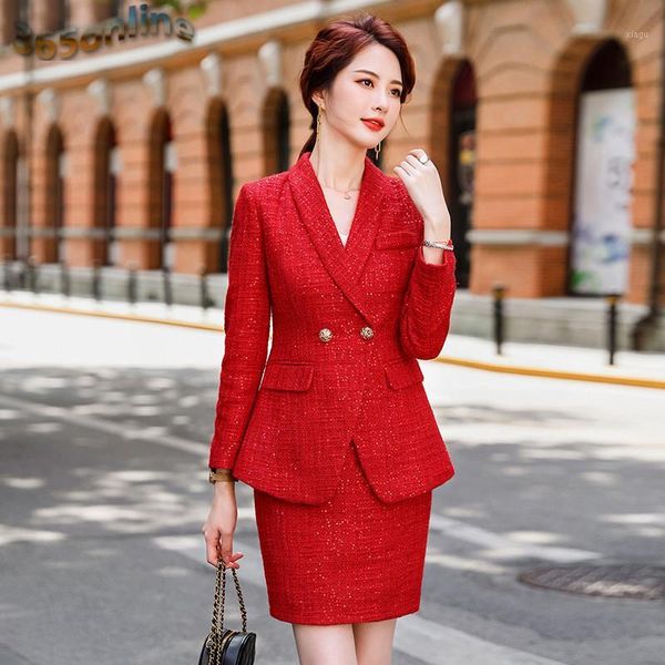 

formal office ladies blazer women business suits work wear clothes long sleeve autumn winter elegant red blazers set1, White