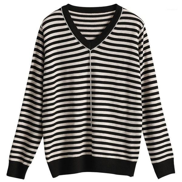 

autumn and winter v-neck striped women's wool sweater pearl design loose soft sweater plus size bottoming knitting, White;black