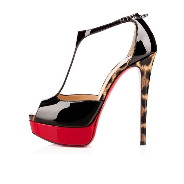 

red bottom slingback fashion high heels nude peep toe patent leather platform women party wedding triple spikes nude pumps dress shoes, Black