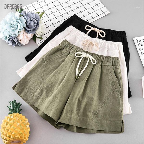 

new arrivals womens shorts summmer black elastic waist wide leg cotton linen women shorts solid drawstring pockets femme1, White;black