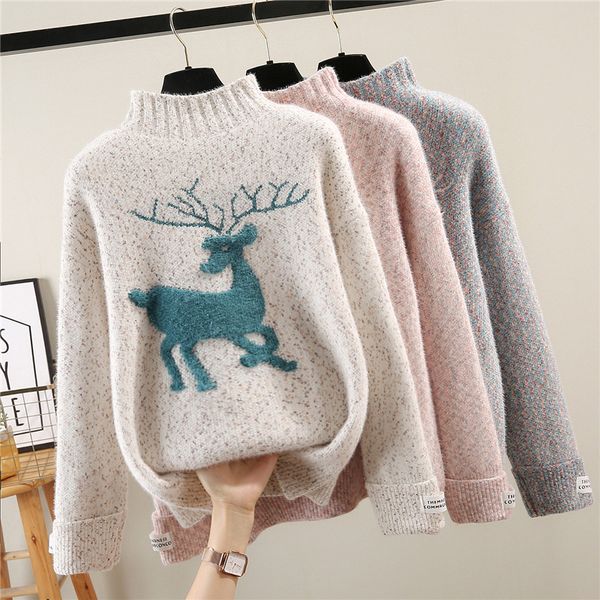 

women designers clothes 2020 women sweaters winter pullover cashmere blend fashion elk print sweaters 3 colors streetwear sweater, White;black