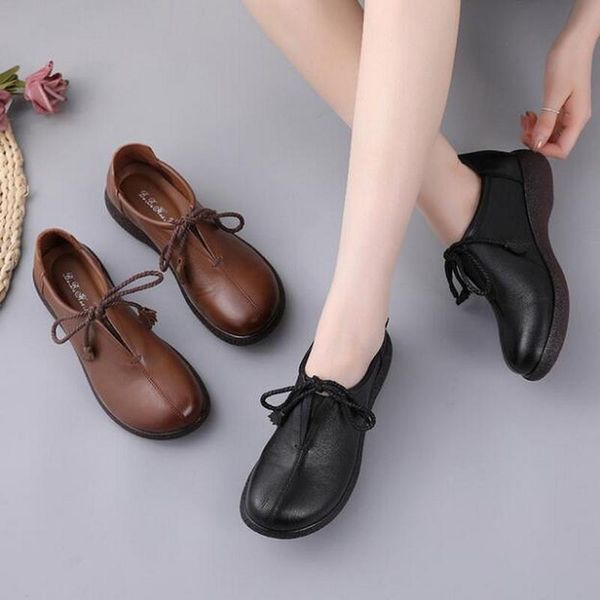 

rushiman genuine leather loafers womens flats spring shoes female loafers casual flats 2020 fashion handmade mom shoes, Black