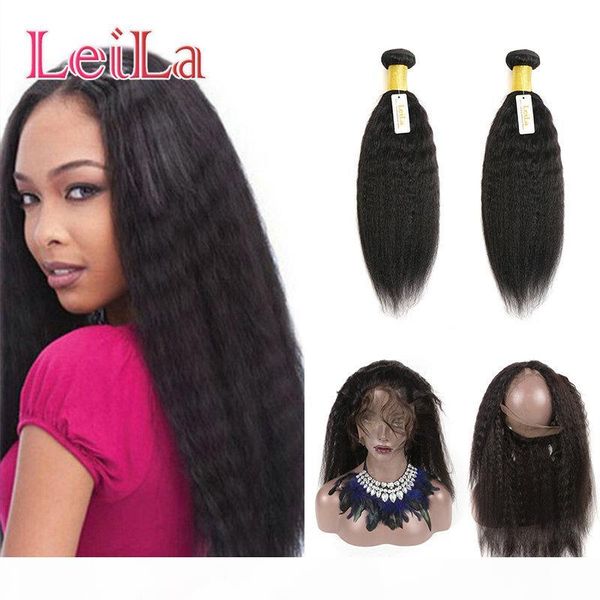 

индийский человеческих волос переплетений закрытие 360 lace фронтальная с 2 связки kinky straight virgin волос утков с закрытие 3 кусочки мн, Black;brown