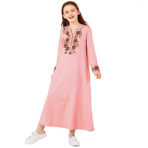 

fashion girls kids long sleeve dress muslim abaya embroidery flower party gown kaftan islamic jilbab dubai cocktail ramadan robe1, Red