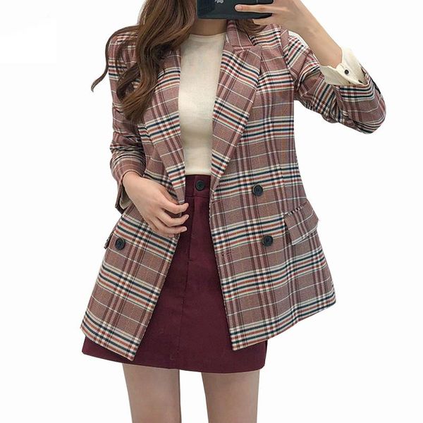 

women's suits & blazers 2021 autumn winter plaid korean jacket retro slim blazer long sleeve blaser feminino plus size coat, White;black