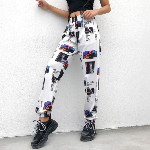 

2020 new cargo pants women with print wide leg trousers high street punk female harajuku harem pant pantalon cargo femme1, Black;white