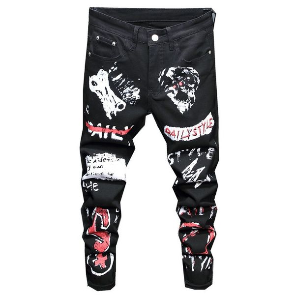 

2021 new men's male fashion casual trousers autumn winter 3d stretch digital printing jeans youth black tights denim pants 5666 mzve, Blue