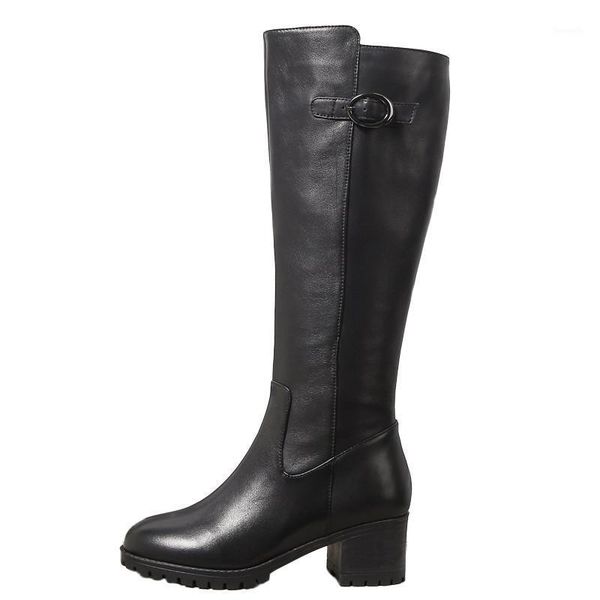 

boots brand designer cow leather knee high comfort women black heels zipper classic simple half suede metal buckle booties1