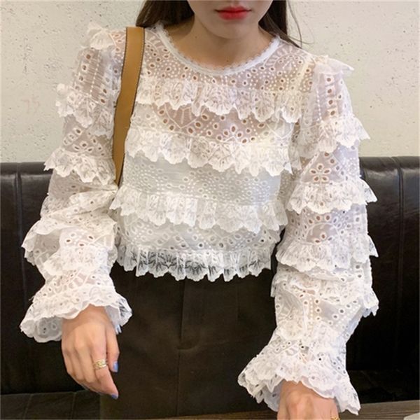 

2021 new women's fashionable chiffon shirts solid lace neck hollow out layers of crochet enlargement shirt loosens spring mfwi, White