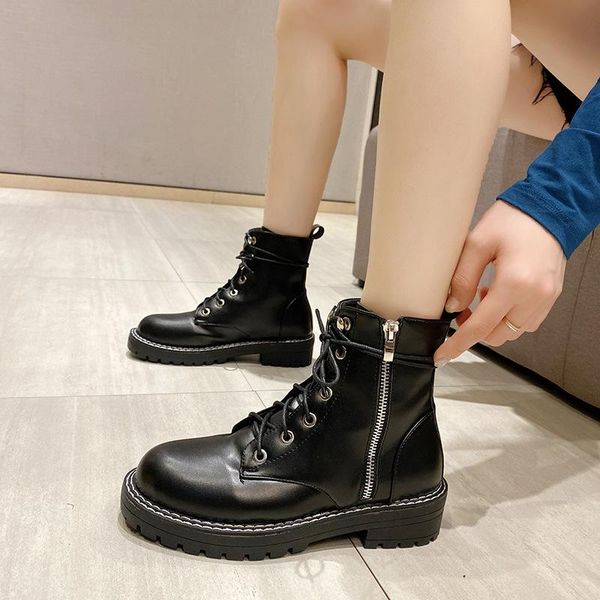 

boots 2020 женщин кожаных ботинок зима keep warm женских черные ботильоны коротких плюшевые lace up zipper износостойкий botas mujer, Black