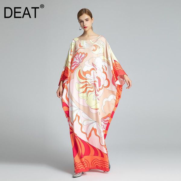 

deat] 2020 new autumn fashion women dress color hit loose large size bat sleeve round collar silk thin office floor long tx614, Black;gray