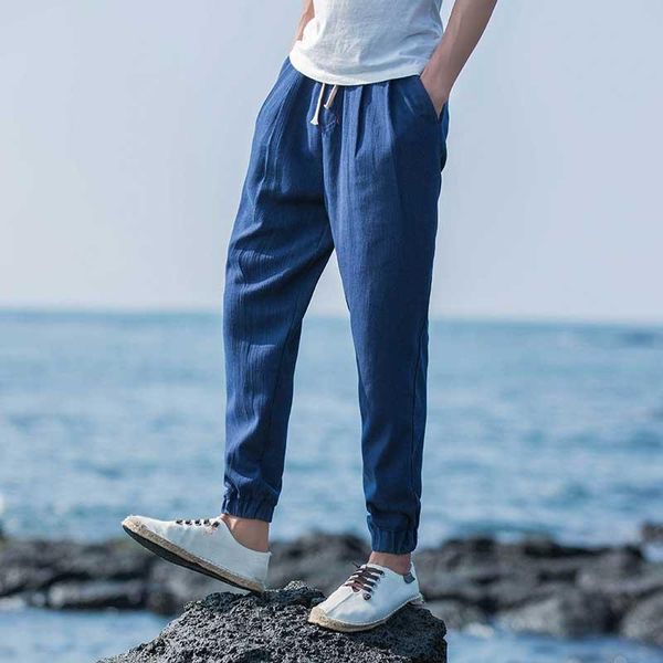 

summer ankle-length pants men's linen thin lightweight breathable loose casual mid waist elastic straight pencil pants, Black