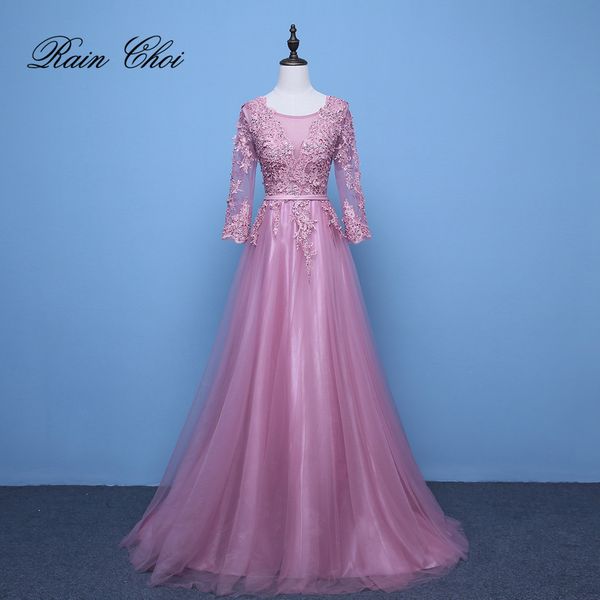 

pink evening dresses 3/4 sleeves appliques a line formal party gowns long prom dress 2020 vestido de festa, Black;red