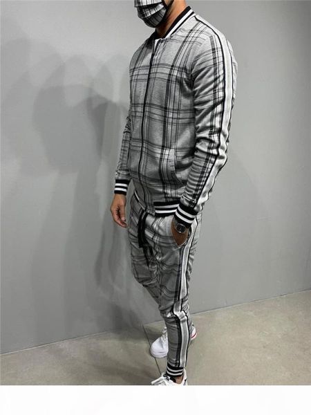 

new tracksuit men sportsuits gentlemen set zipper fullset jacket suit set long sleeve stripe coat pants gyms casual men sets, Gray