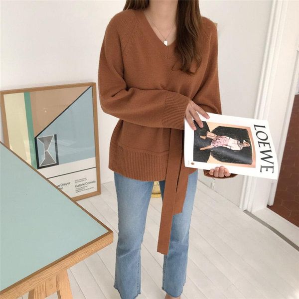 

gentle simple chic knitted vintage sweater women sashes v-neck feminine all match retro elegant pullovers sweater, White;black
