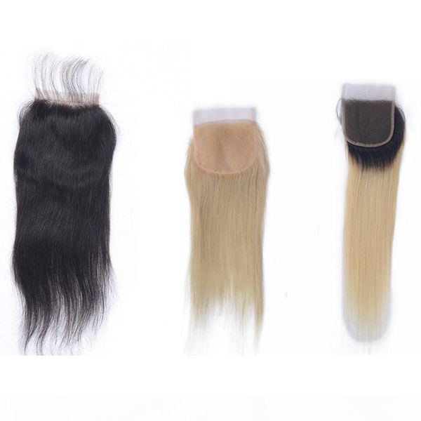 

brazilian straight closure 4x4 blonde lace closure natural color remy hair 613 closure ombre 1b 613 human hair 8-20, Black;brown