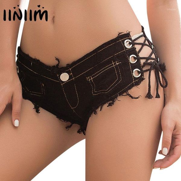 

women's shorts iiniim womens lady fashion mini moto punk club low waist denim lace-up frayed short jeans pants clubwear1, White;black