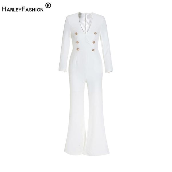 

harleyfashion women fall spring high street white jumpsuits v-neck boot cut quality fitness jumpsuits, Black;white