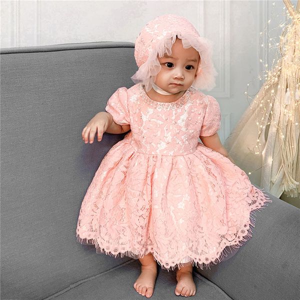 

baby girls christening dress newborn toddler pink boutique embroidered bow bead tutu dresses+ruffle hat for bebe 1 year outfits 1027, Red;yellow