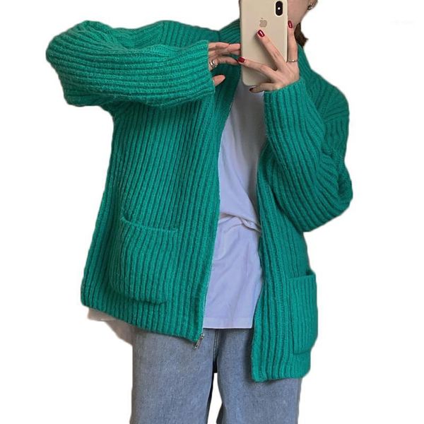 

2021 autumn winter women solid sweater ladies korean versatile loose lazy style thick warm coat female fashion knit outwear 1, White