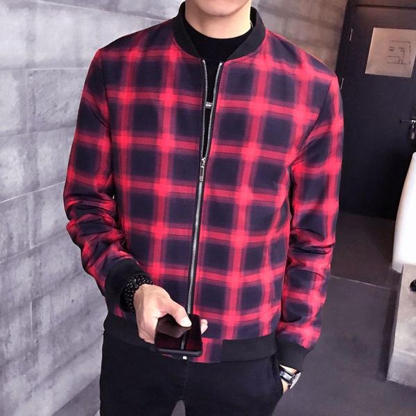 

men's jackets spring autumn brand mens coats casual 2021 grid print coat men vintage bomber jacket, Black;brown