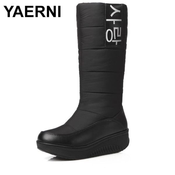 

boots yaerni women winter snow thick fur inside platform shoes woman wedges heel mid calf botas female footwear e675, Black