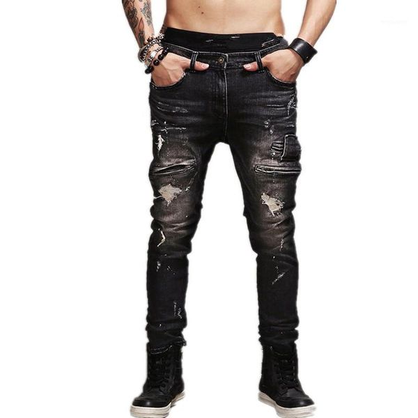 

2021 mens cool biker jeans pants ripped hole moto pleated scratched motorcycle denim jean black straight trousers j8k91, Blue