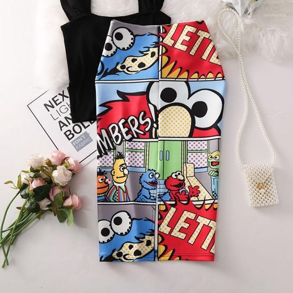 

high-waisted slim-fit cartoon printed bag hip skirt 2020 summer new style slit over knee half-length skirt bodycon1, Black