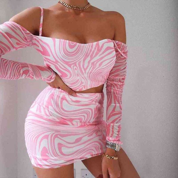 

women t-shirt and short skirt suit fashion printing suspender and high waist tight skirt pink, White