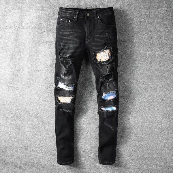 

american streetwear fashion men jeans elastic slim fit ripped denim pants patchwork designer hip hop trousers homme1, Blue