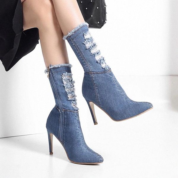 

good quality 2020 autumn denim mid calf boots super high heels woman shoes wave hole pointed toe thin heels botas mujer 8540n #1089, Black