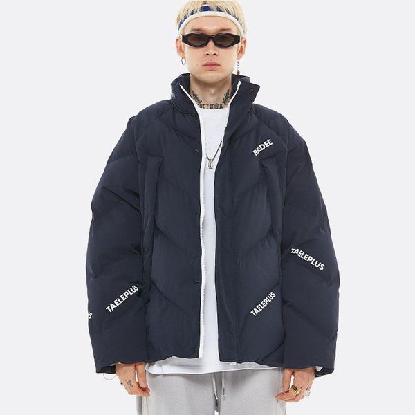 

men big pocket thicken padded cotton parkas jacket outerwear male winter streetwear hip hop loose casual coat overcoat1, Black