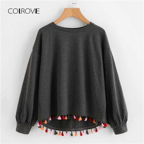 

colrovie grey casual colorful tassel trim dip hem heathered sweatshirt pullover autumn streetwear women sweatshirts 201217, Black