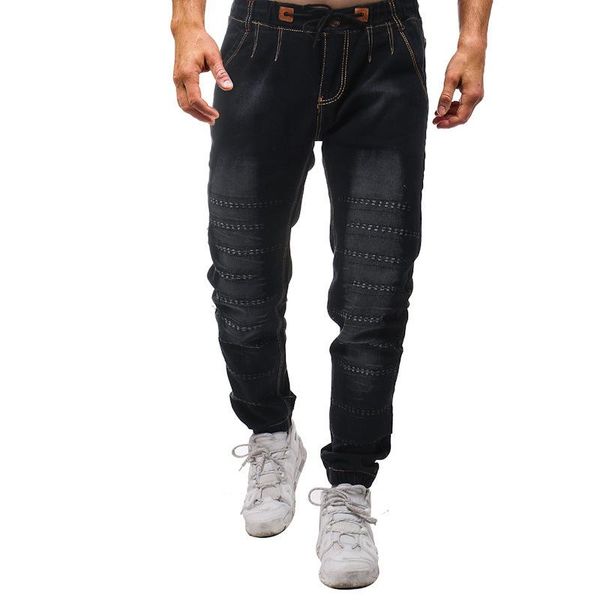 

2020 new men's cotton stretch jeans pants slim fit denim trousers fold hole tether tightness tide cultivate oneself jeans men, Blue